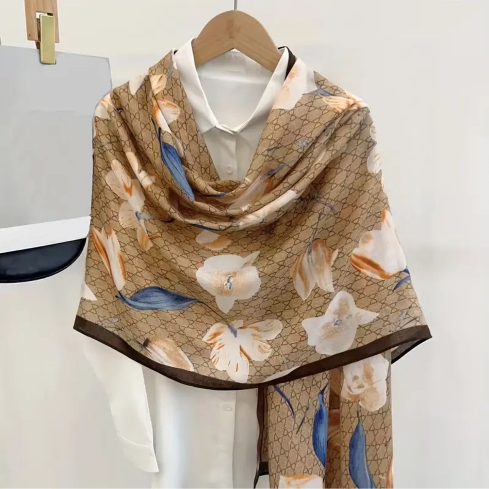 ShopEvelynne Floral Scarf in Tan and Blue